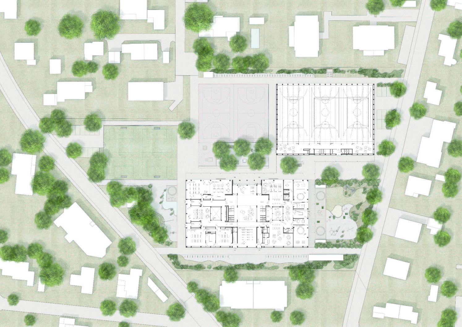 Umgebung Dreifachturnhalle. (Projektverfasser: Masswerk Architekten AG / Gesamtleistungsanbieter: Steiner AG)